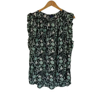 Kaari Floral Sheer Blouse Plus 3X Keyhole Flowy Black Green Pink Ruffle Sleeves